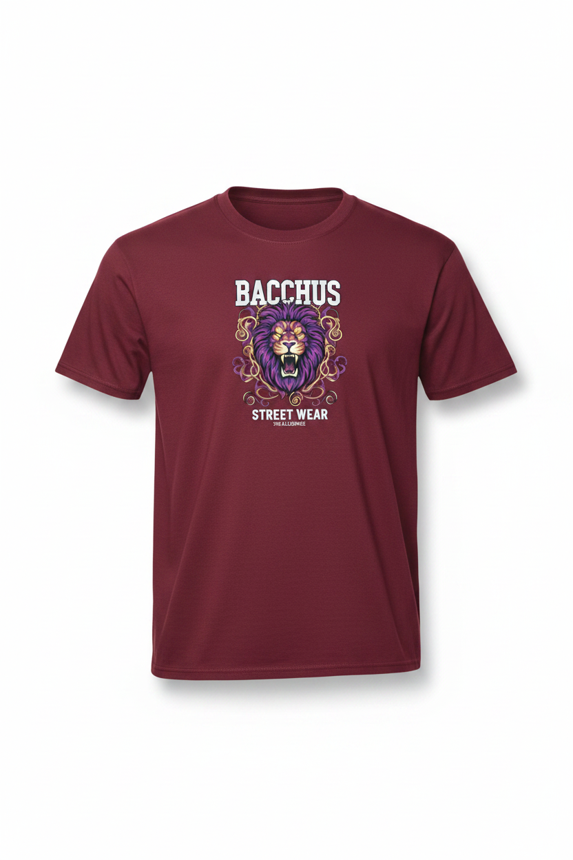 Bacchus Street Wear Burgundy T-Shirt with lion logo on chest