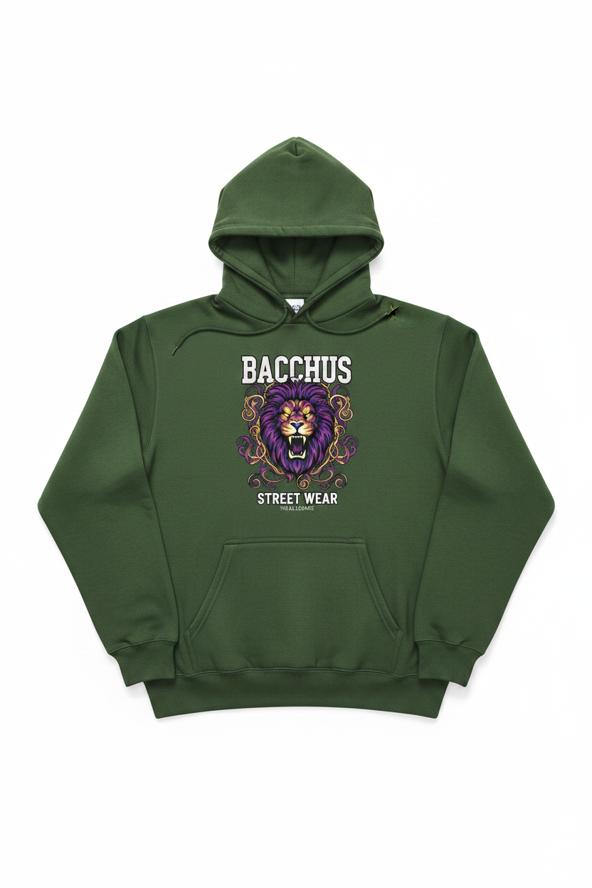 Bacchus Street Wear Army Green Hoodie with lion logo on chest