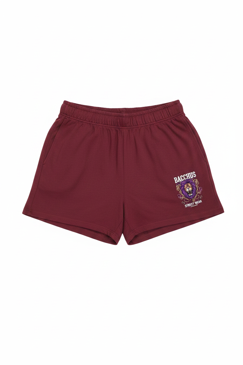 Bacchus Street Wear Women's Burgundy Shorts with lion logo on left leg