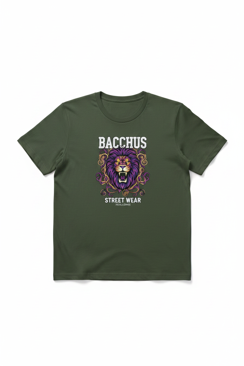 Bacchus Street Wear Army Green T-Shirt with lion logo on chest
