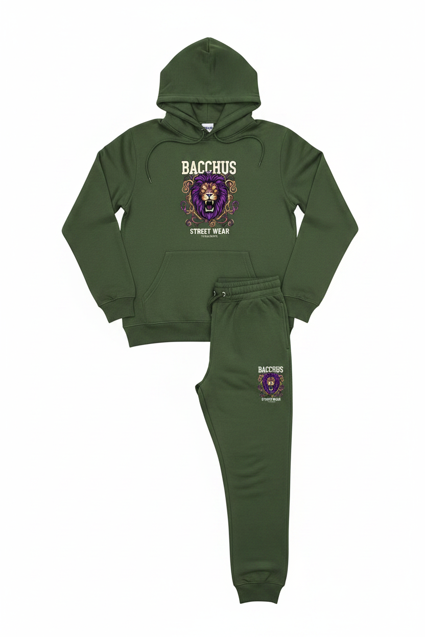 Bacchus Street Wear Army Green Matching Set — hoodie and joggers with lion logo