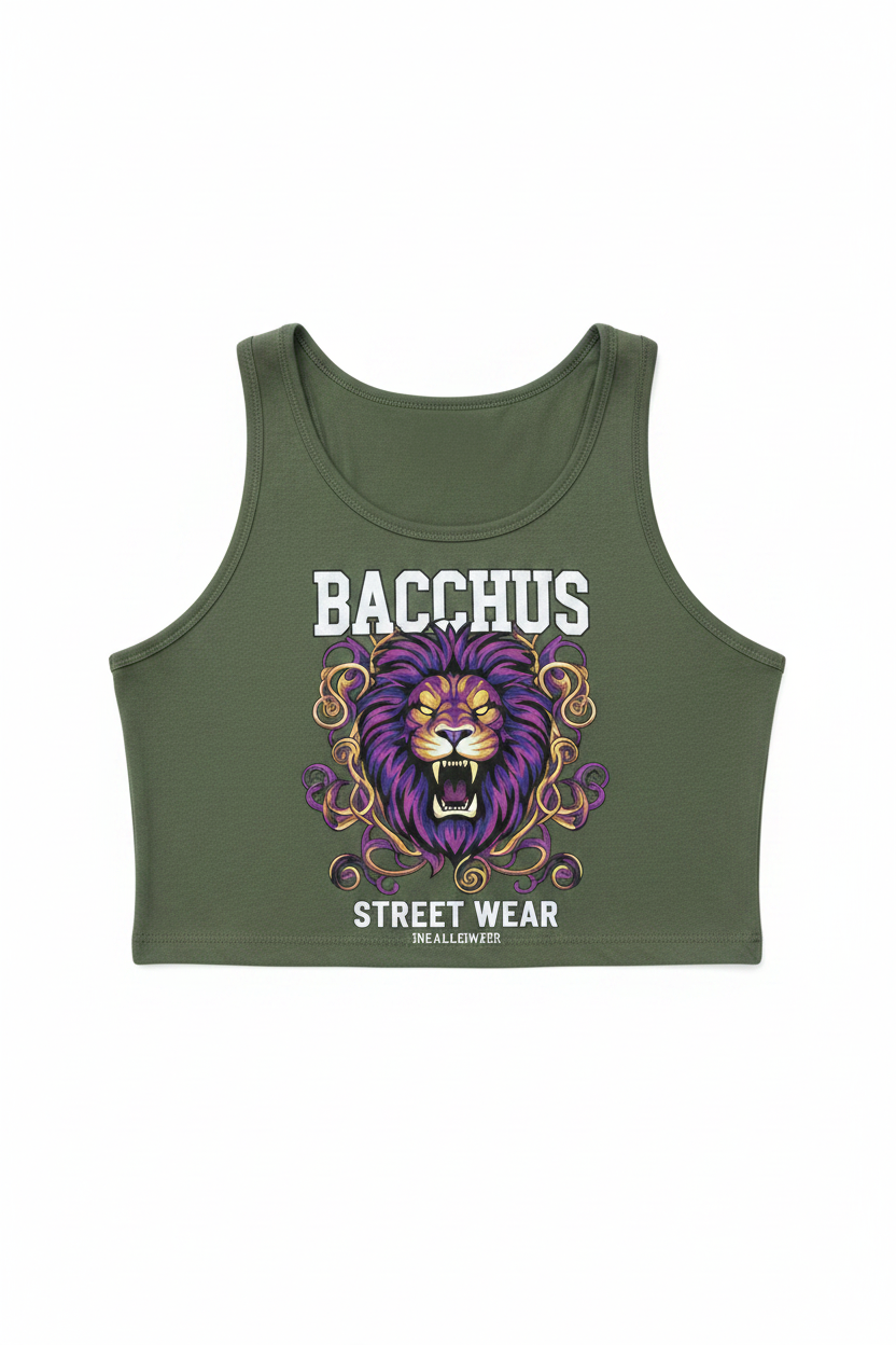 Bacchus Street Wear Women's Army Green Crop Tank Top with lion logo on chest